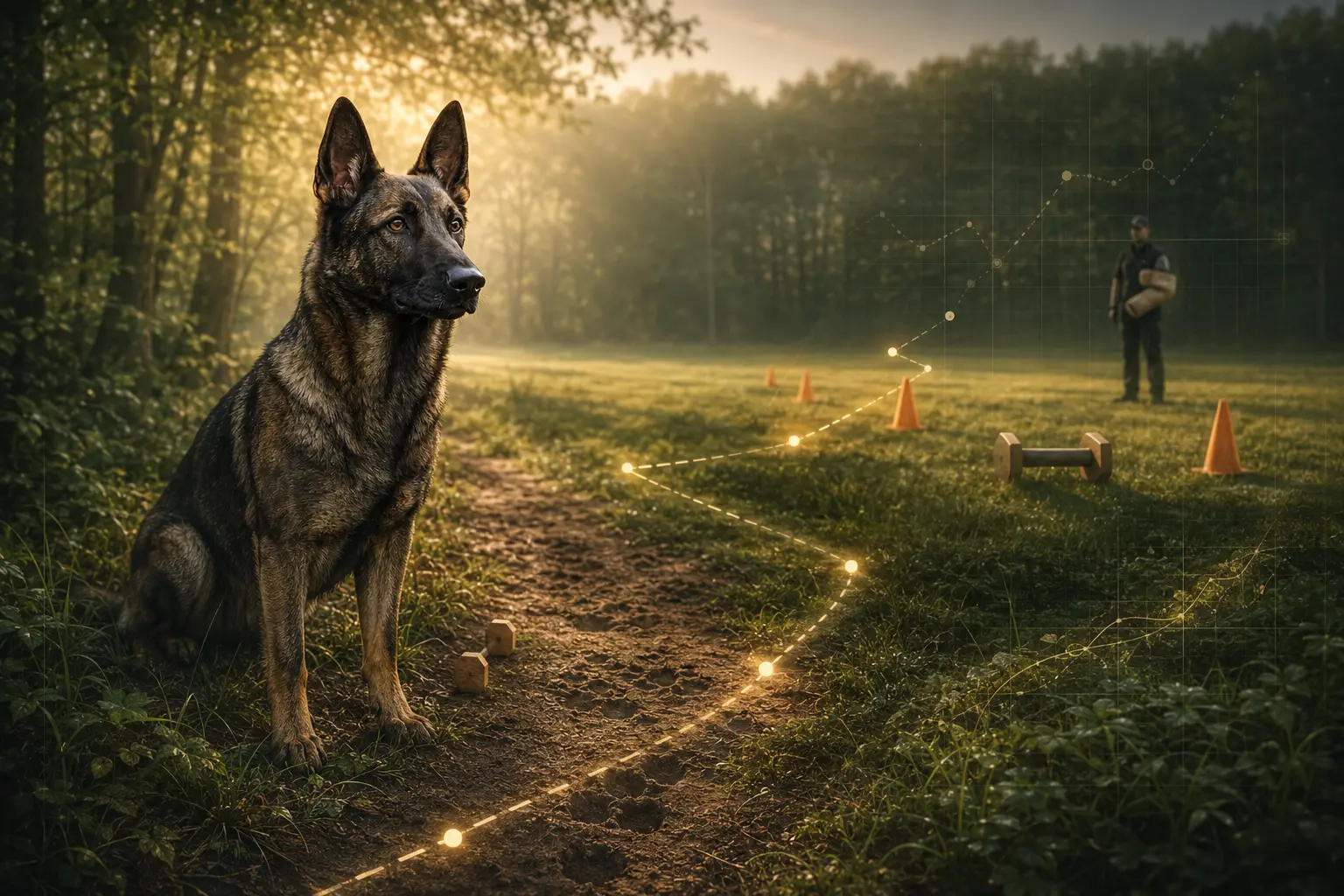 Deutscher Schäferhund zwischen Fährtengelände und Trainingsplatz mit Elementen aus Fährte, Unterordnung, Schutzdienst und Trainingsanalyse.